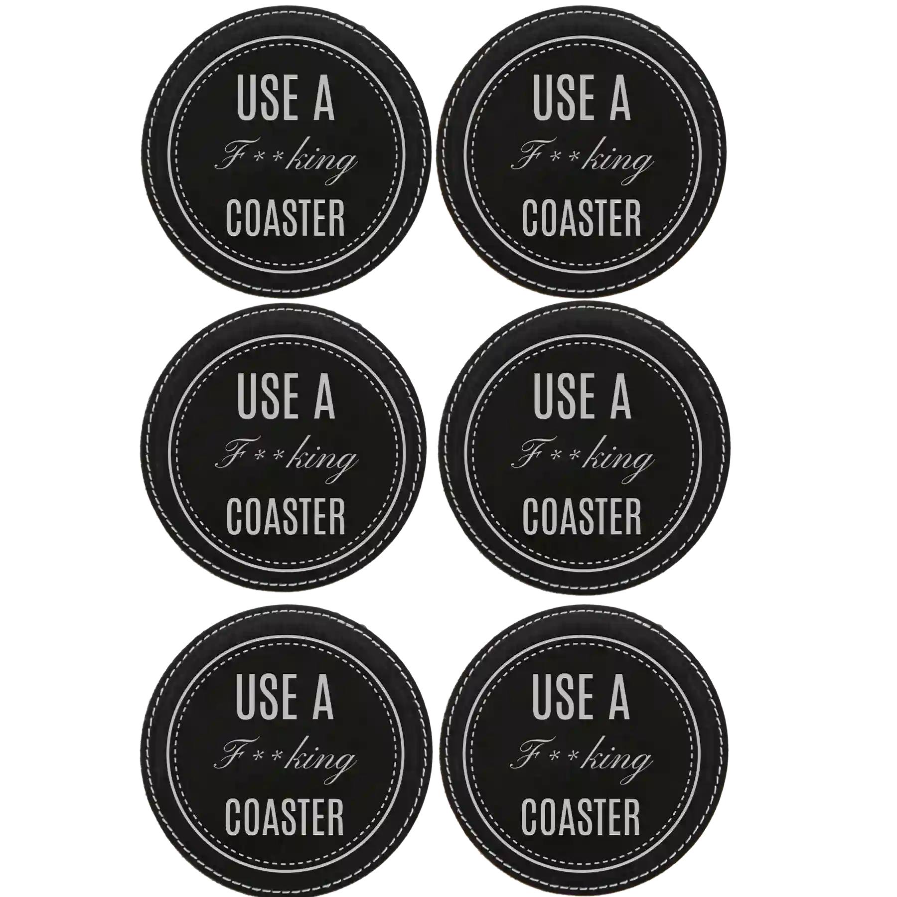 Black/Silver round leatherette coasters set of 6 laser etched with 'Fing Coaster' designs