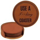 Rawhide round leatherette coasters set and holder laser etched with 'Fing Coaster' design
