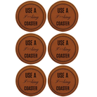 Rawhide round leatherette coasters set of 6 laser etched with 'Fing Coaster' designs