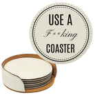 White round leatherette coasters set and holder laser etched with 'Fing Coaster' design