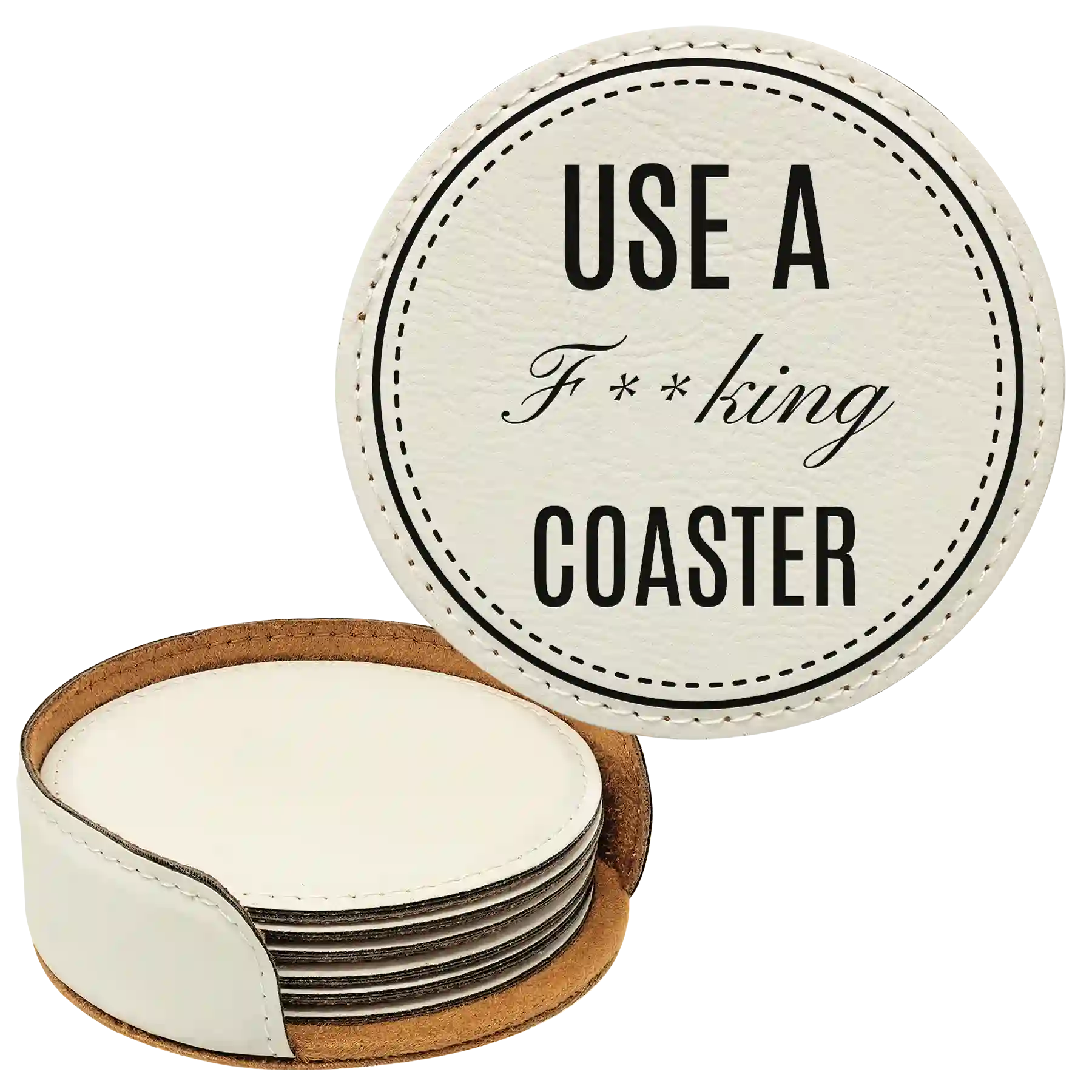 White round leatherette coasters set and holder laser etched with 'Fing Coaster' design
