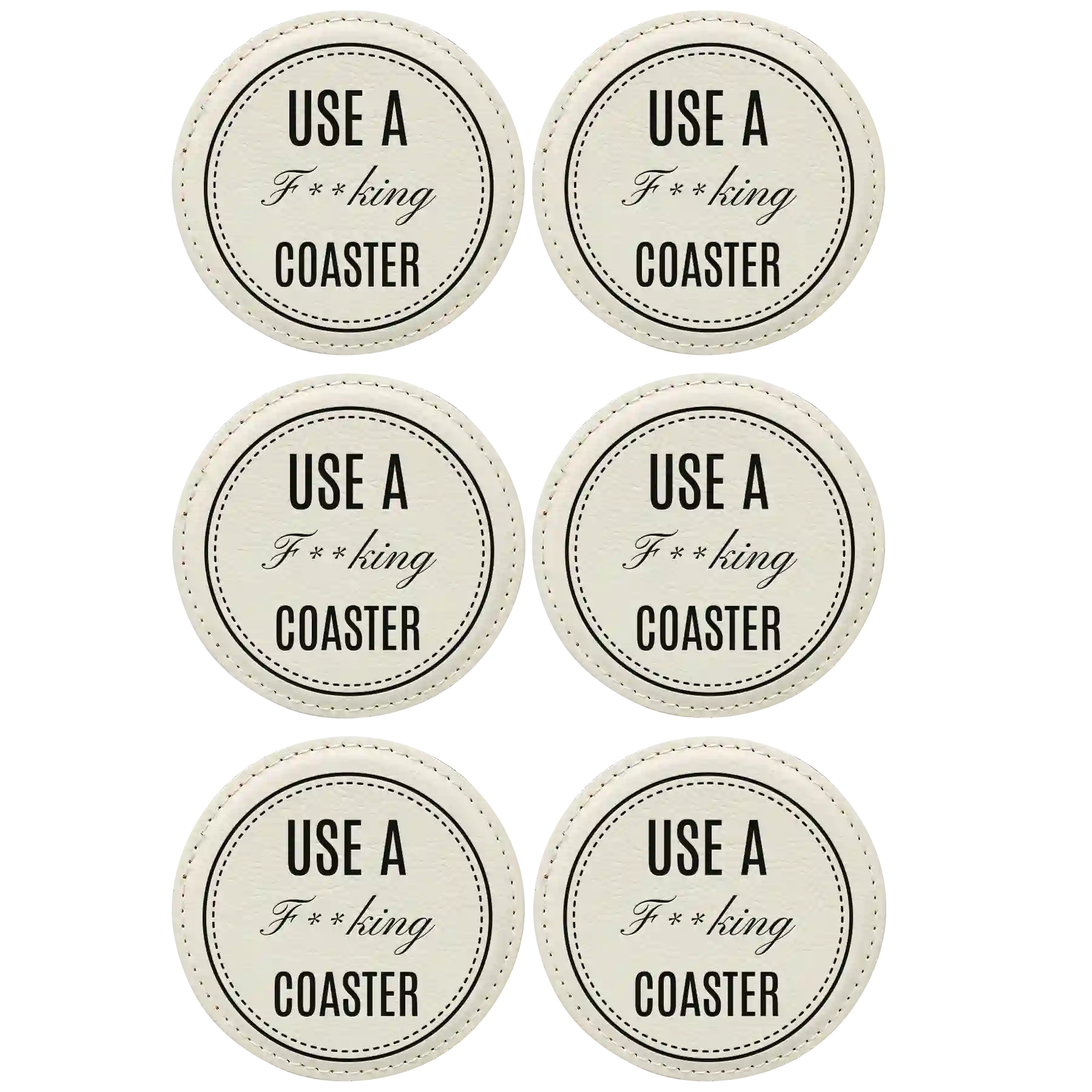 White round leatherette coasters set of 6 laser etched with 'Fing Coaster' designs