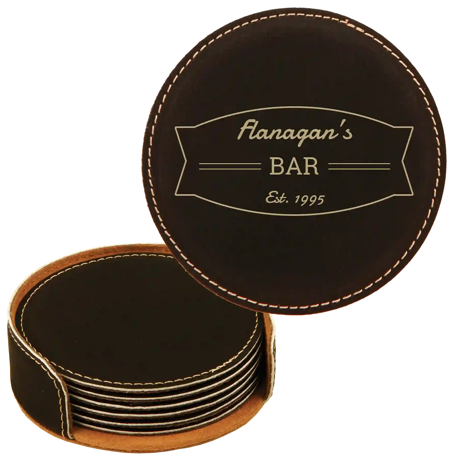 Black/Gold round leatherette coasters set and holder with personalized 'Bar Banner' design