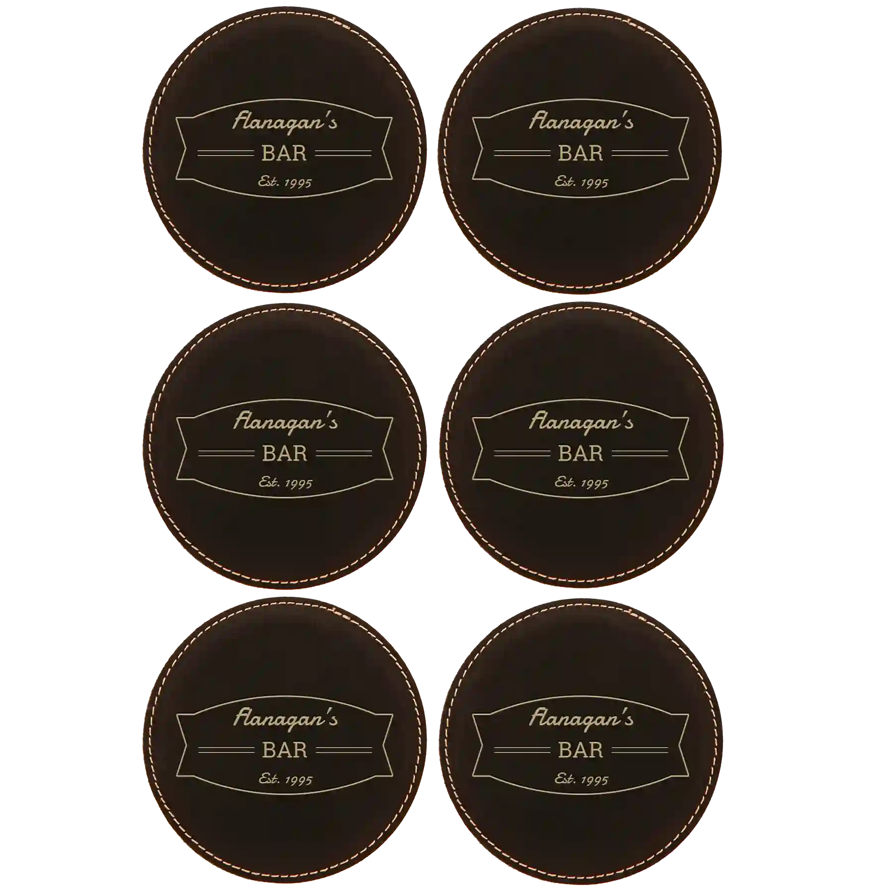 Black/Gold round leatherette coasters set of 6 with personalized 'Bar Banner' designs