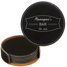 Black/Silver round leatherette coasters set and holder with personalized 'Bar Banner' design