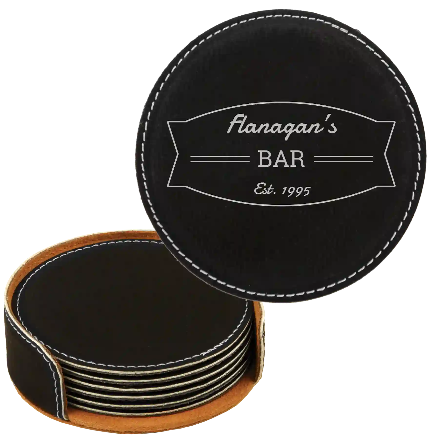 Black/Silver round leatherette coasters set and holder with personalized 'Bar Banner' design