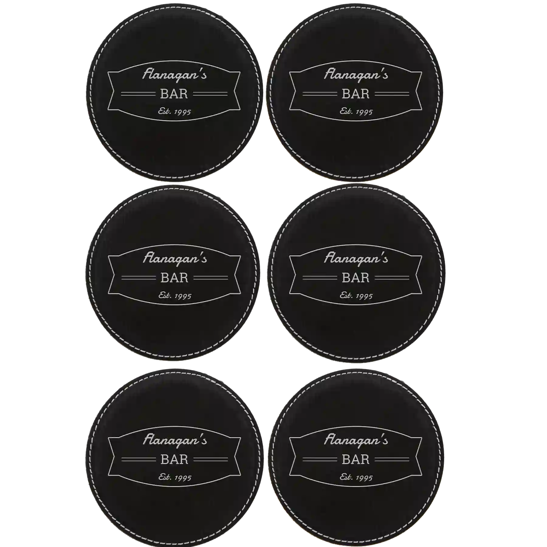 Black/Silver round leatherette coasters set of 6 with personalized 'Bar Banner' designs