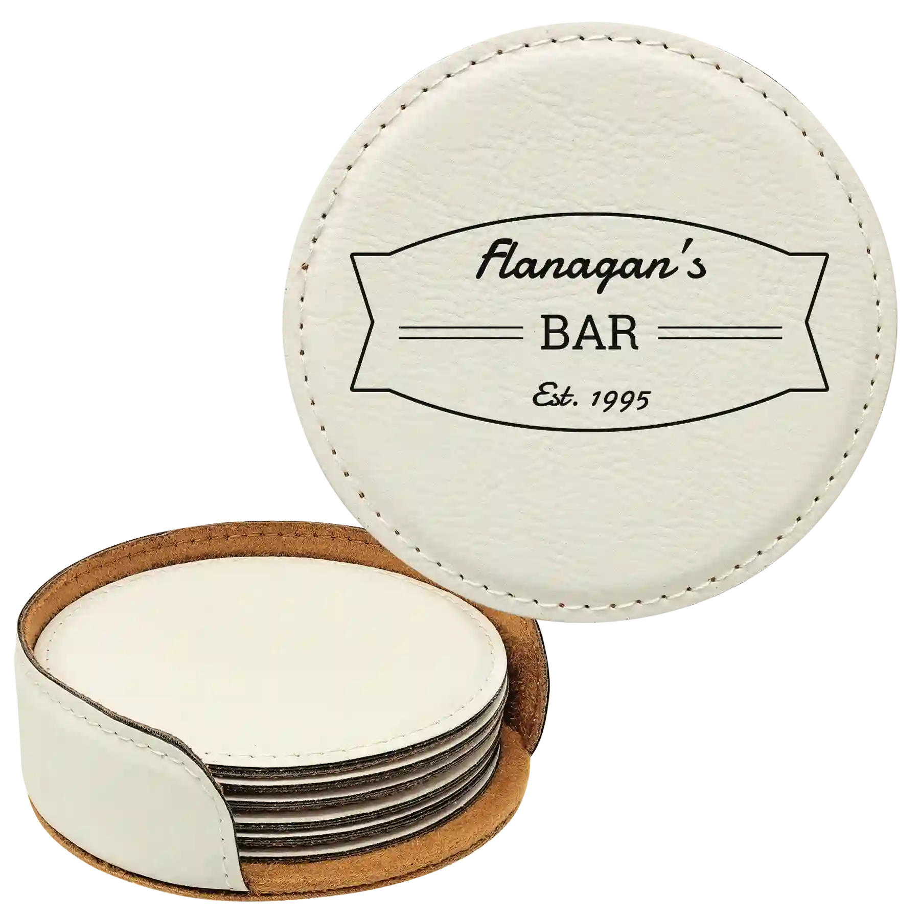 White round leatherette coasters set and holder with personalized 'Bar Banner' design