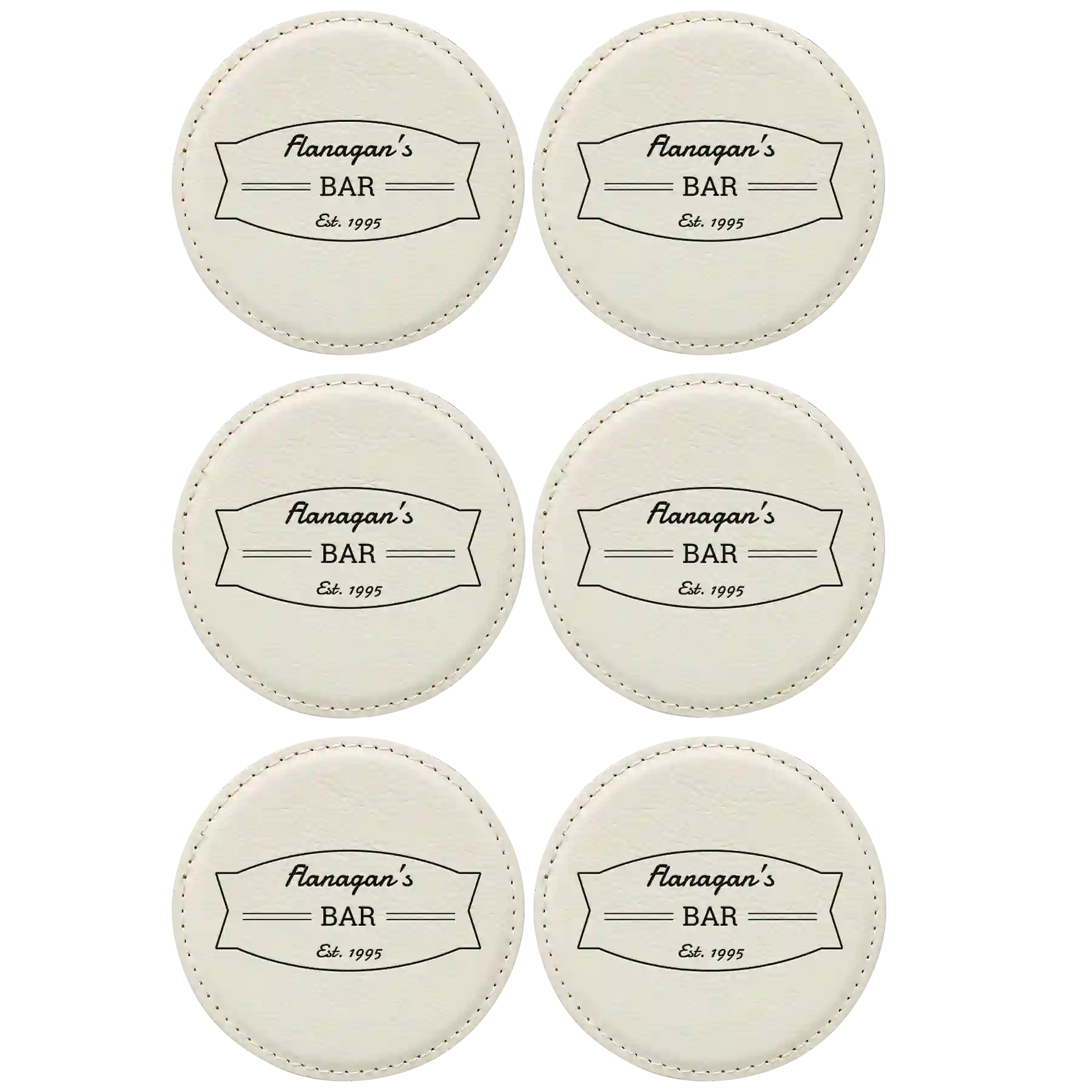 White round leatherette coasters set of 6 with personalized 'Bar Banner' designs