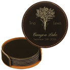 Black/Gold round leatherette coasters set and holder with personalized 'Bouquet Wedding' design