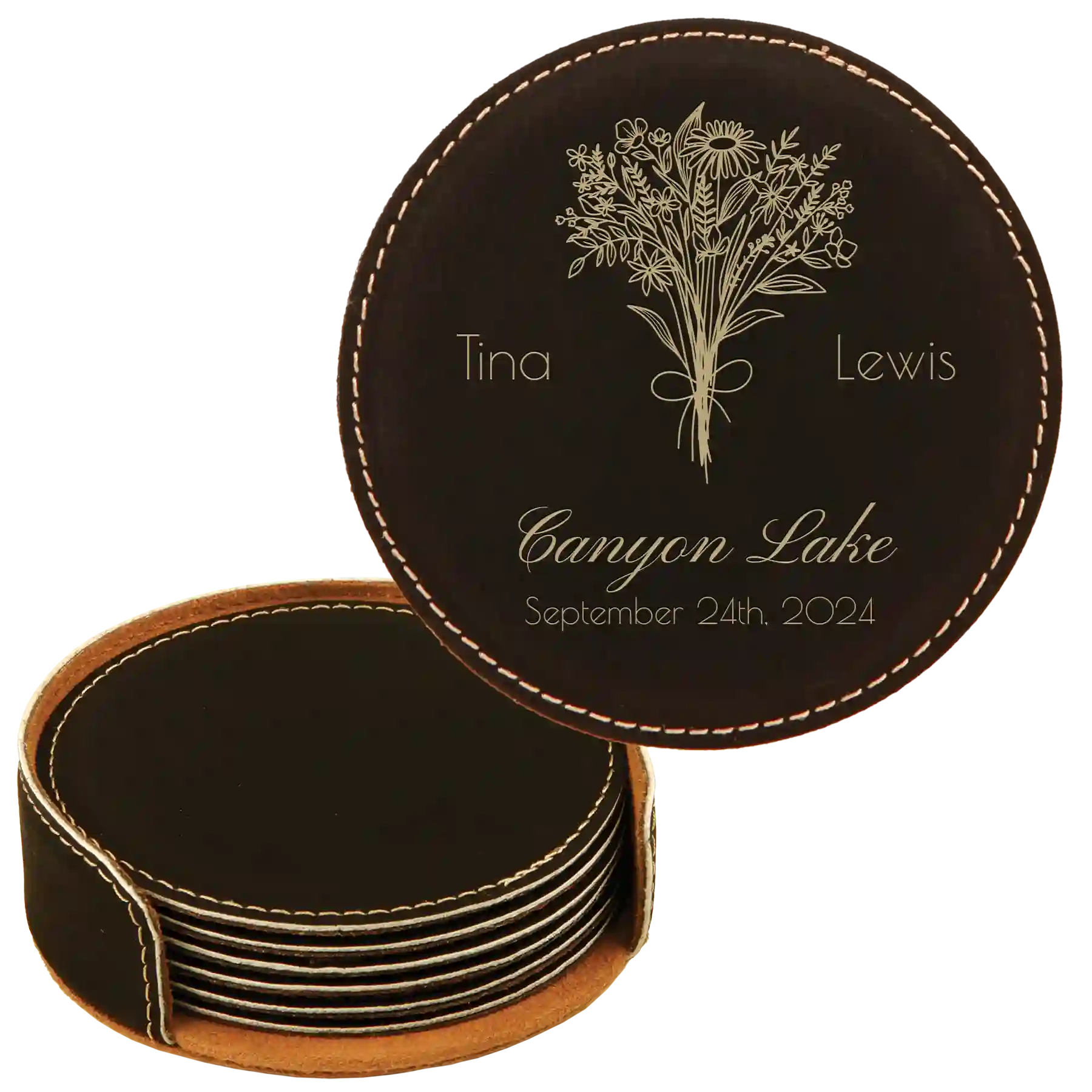 Black/Gold round leatherette coasters set and holder with personalized 'Bouquet Wedding' design