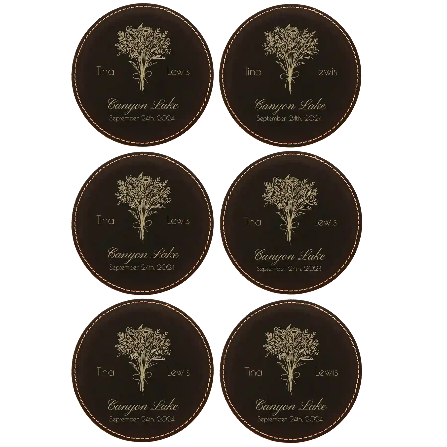 Black/Gold round leatherette coasters set of 6 with personalized 'Bouquet Wedding' designs