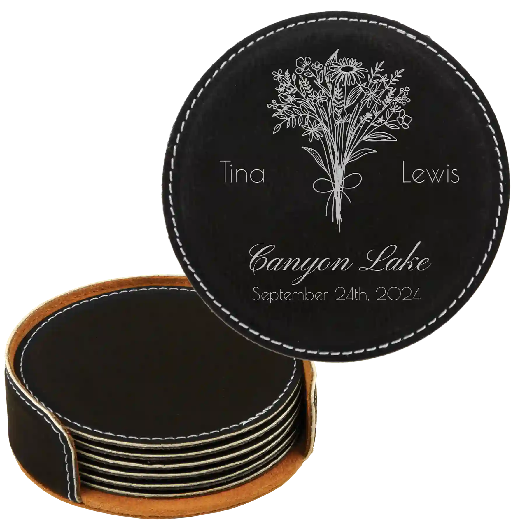 Black/Silver round leatherette coasters set and holder with personalized 'Bouquet Wedding' design