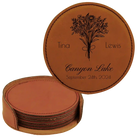 Rawhide round leatherette coasters set and holder with personalized 'Bouquet Wedding' design
