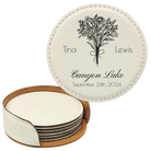 White round leatherette coasters set and holder with personalized 'Bouquet Wedding' design