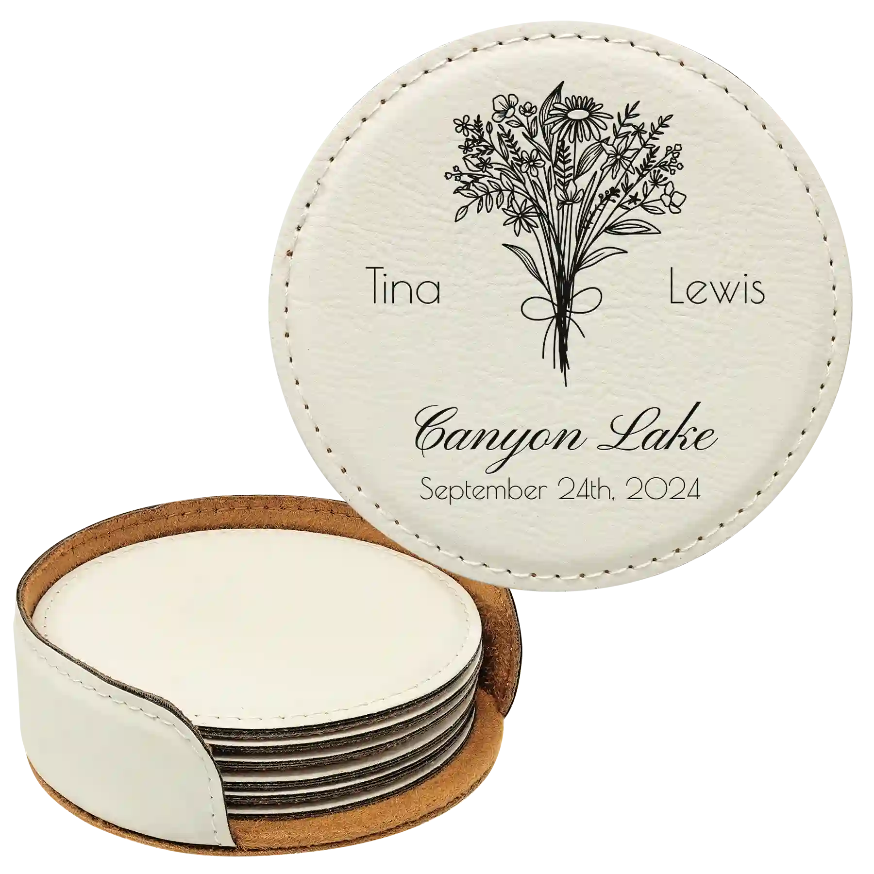 White round leatherette coasters set and holder with personalized 'Bouquet Wedding' design