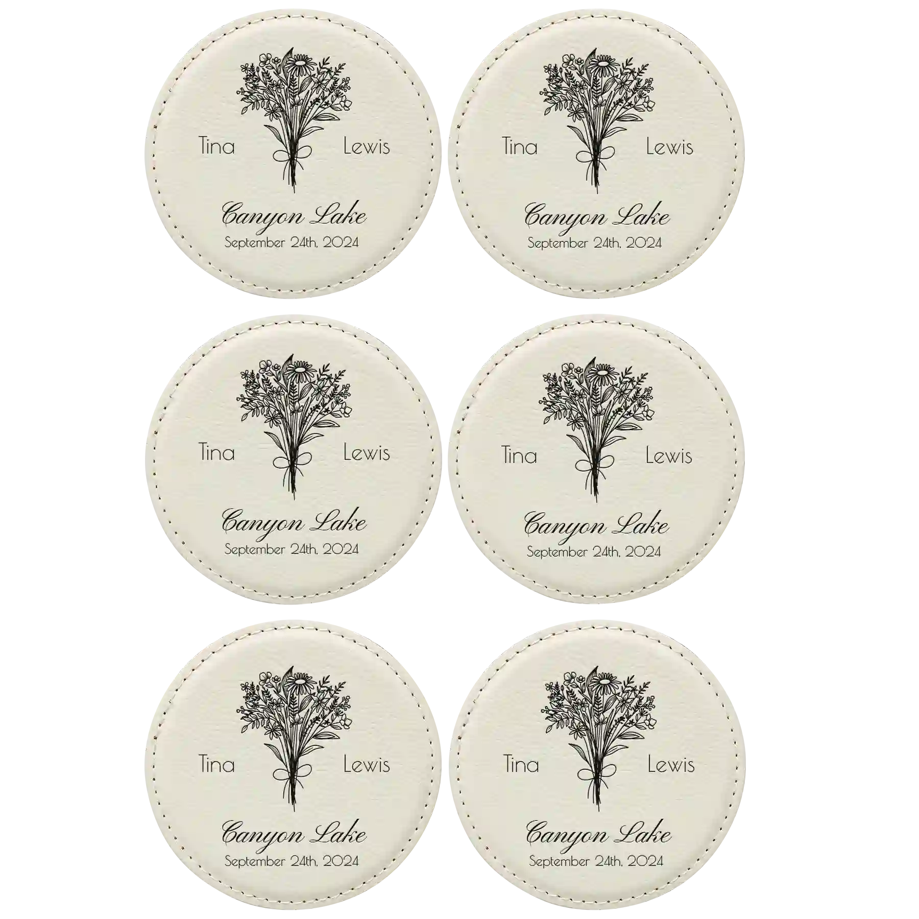 White round leatherette coasters set of 6 with personalized 'Bouquet Wedding' designs
