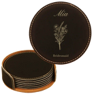 Black/Gold round leatherette coasters set and holder with personalized 'Bridal Party Bouquet' design