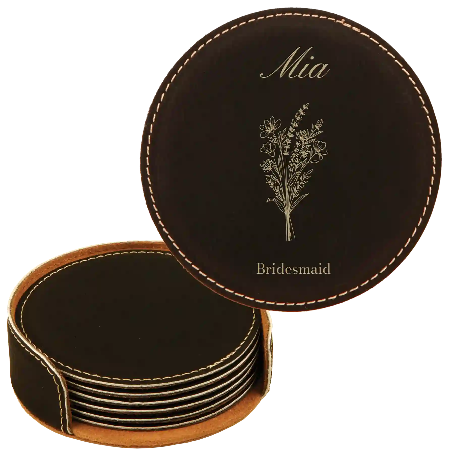 Black/Gold round leatherette coasters set and holder with personalized 'Bridal Party Bouquet' design
