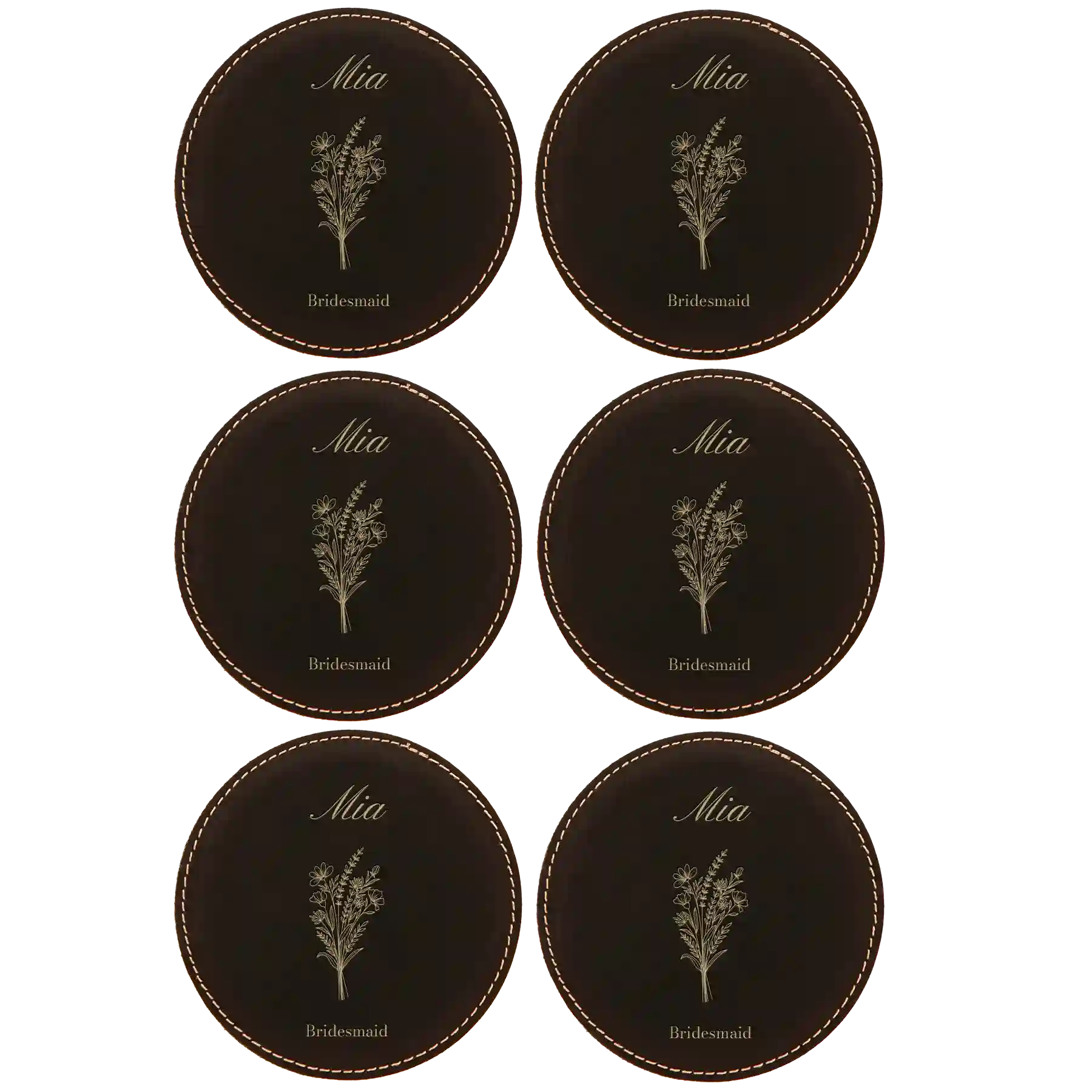 Black/Gold round leatherette coasters set of 6 with personalized 'Bridal Party Bouquet' designs