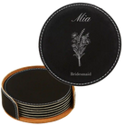 Black/Silver round leatherette coasters set and holder with personalized 'Bridal Party Bouquet' design