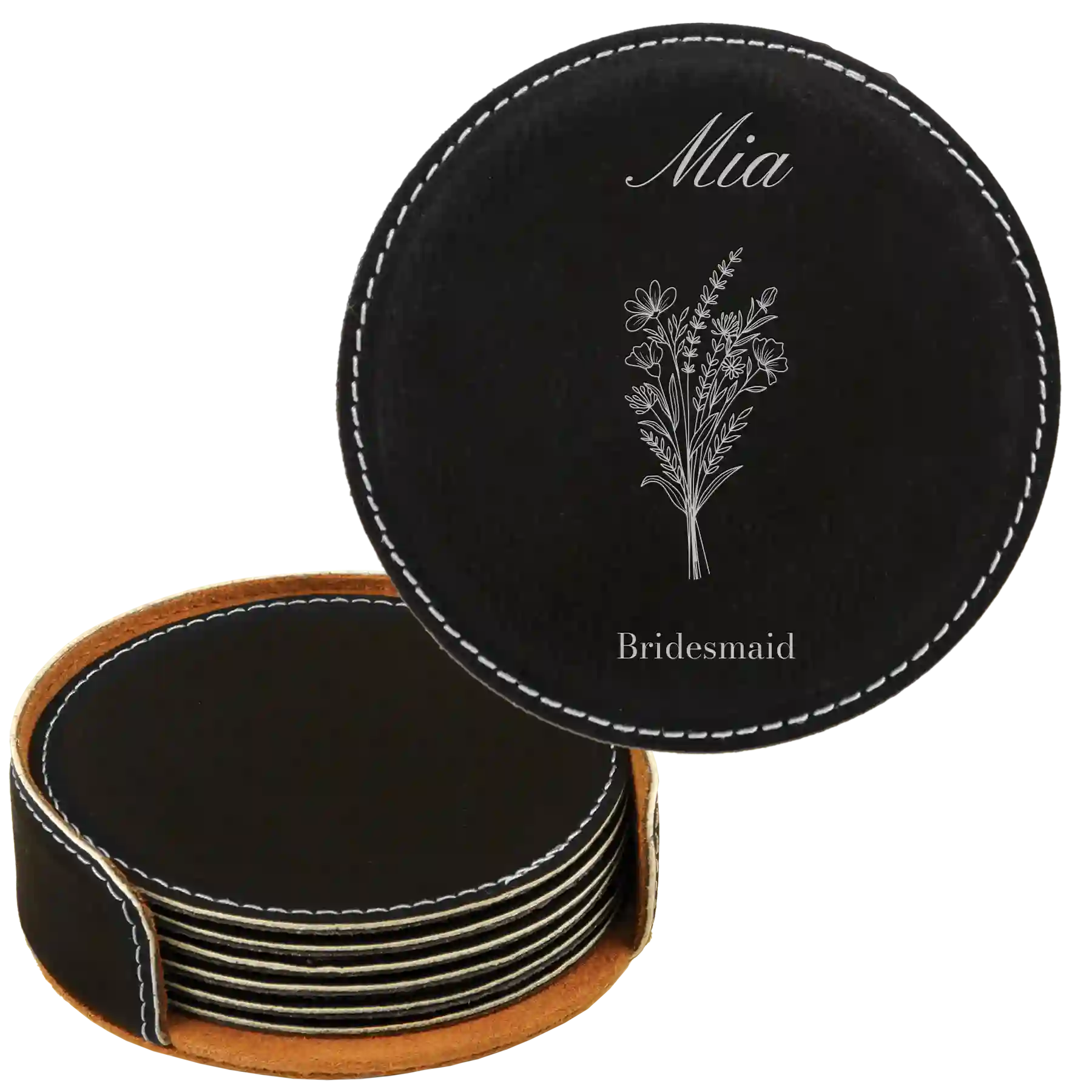 Black/Silver round leatherette coasters set and holder with personalized 'Bridal Party Bouquet' design