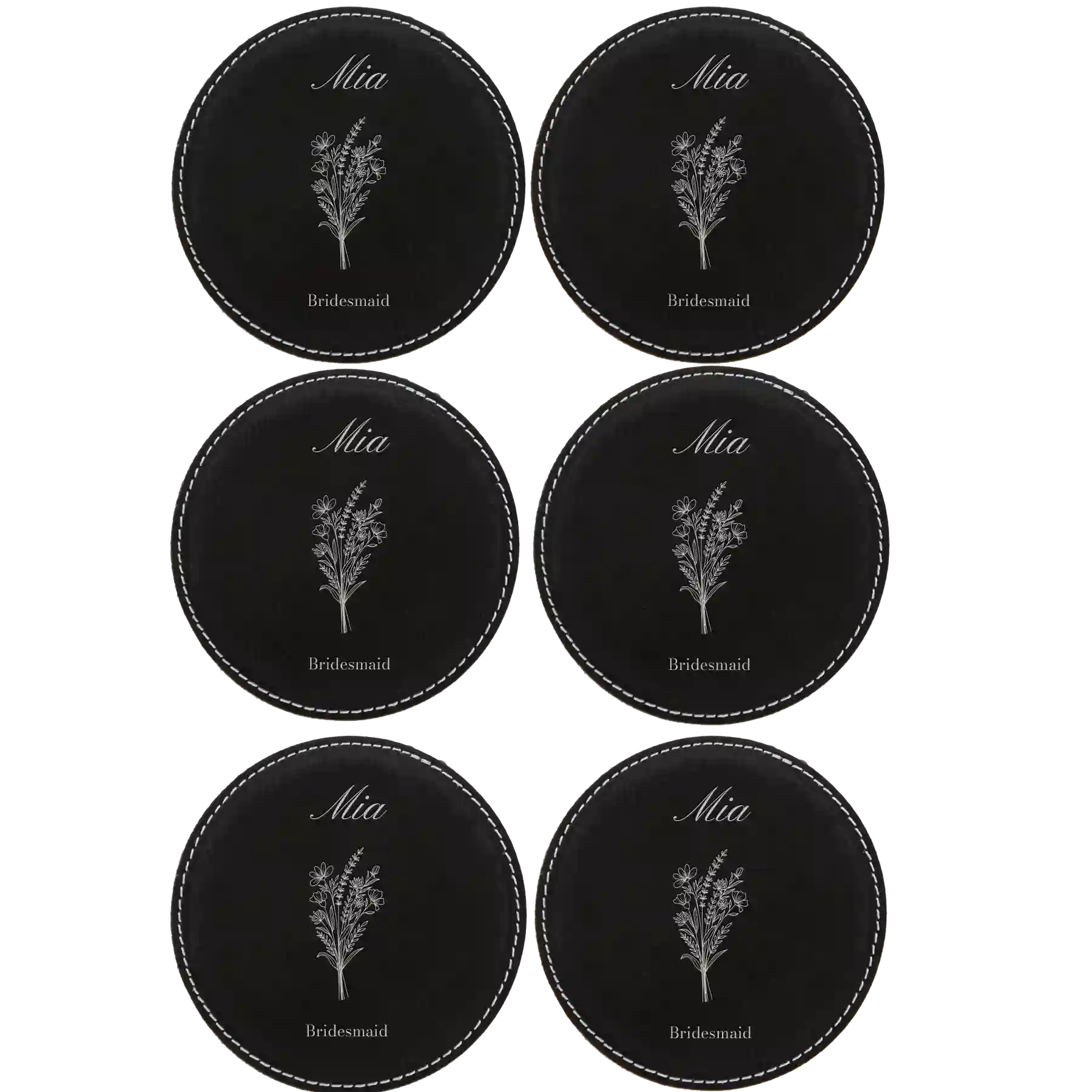 Black/Silver round leatherette coasters set of 6 with personalized 'Bridal Party Bouquet' designs