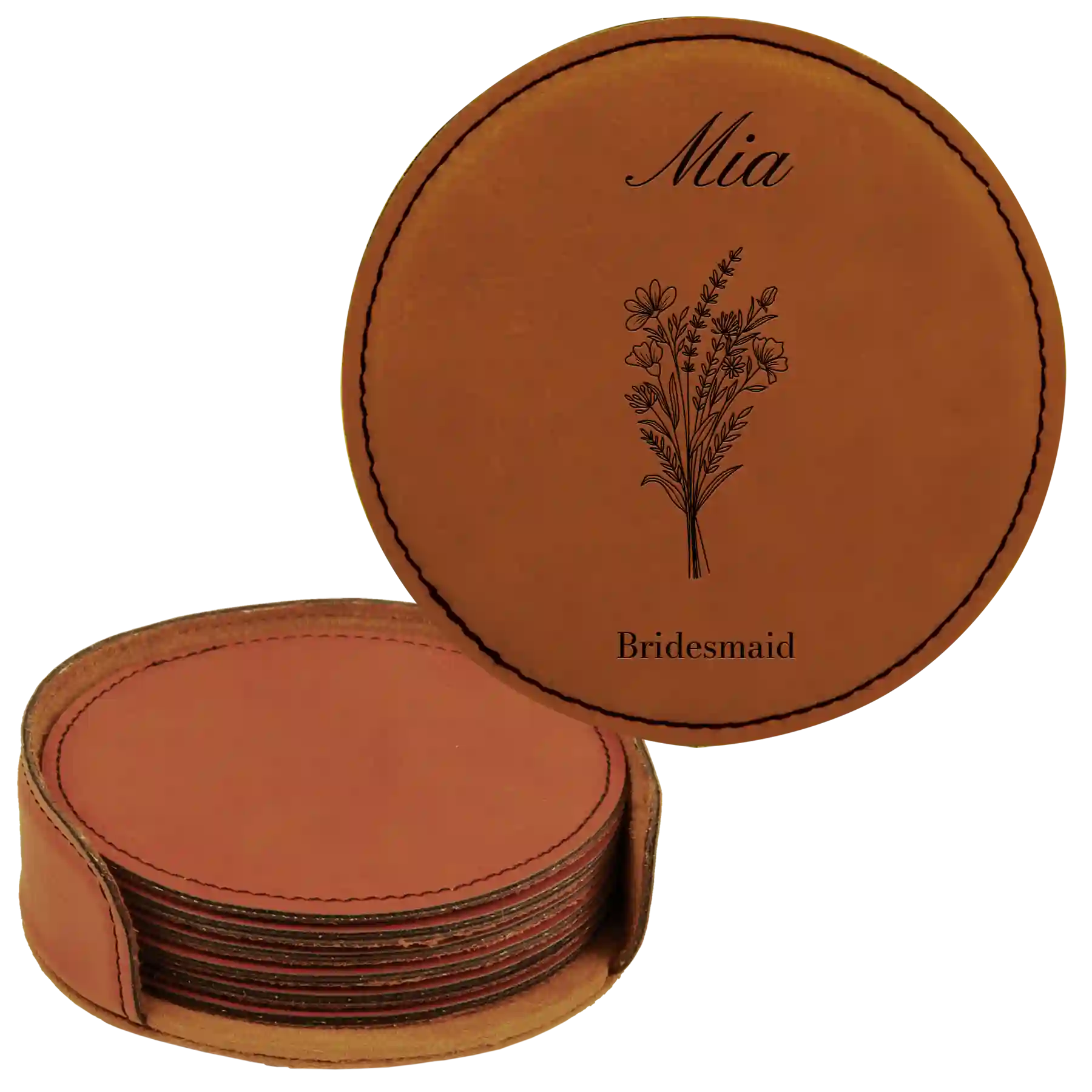 Rawhide round leatherette coasters set and holder with personalized 'Bridal Party Bouquet' design