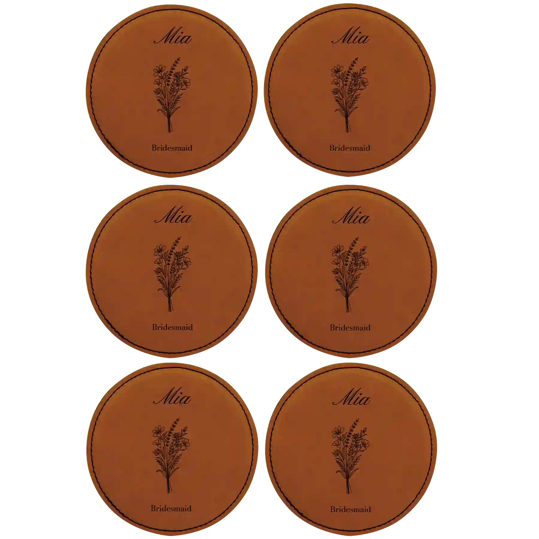 Rawhide round leatherette coasters set of 6 with personalized 'Bridal Party Bouquet' designs