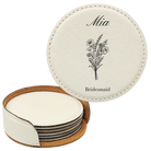 White round leatherette coasters set and holder with personalized 'Bridal Party Bouquet' design