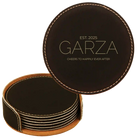 Black/Gold round leatherette coasters set and holder with personalized 'Cheers Last Name' design