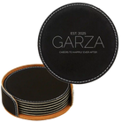 Black/Silver round leatherette coasters set and holder with personalized 'Cheers Last Name' design