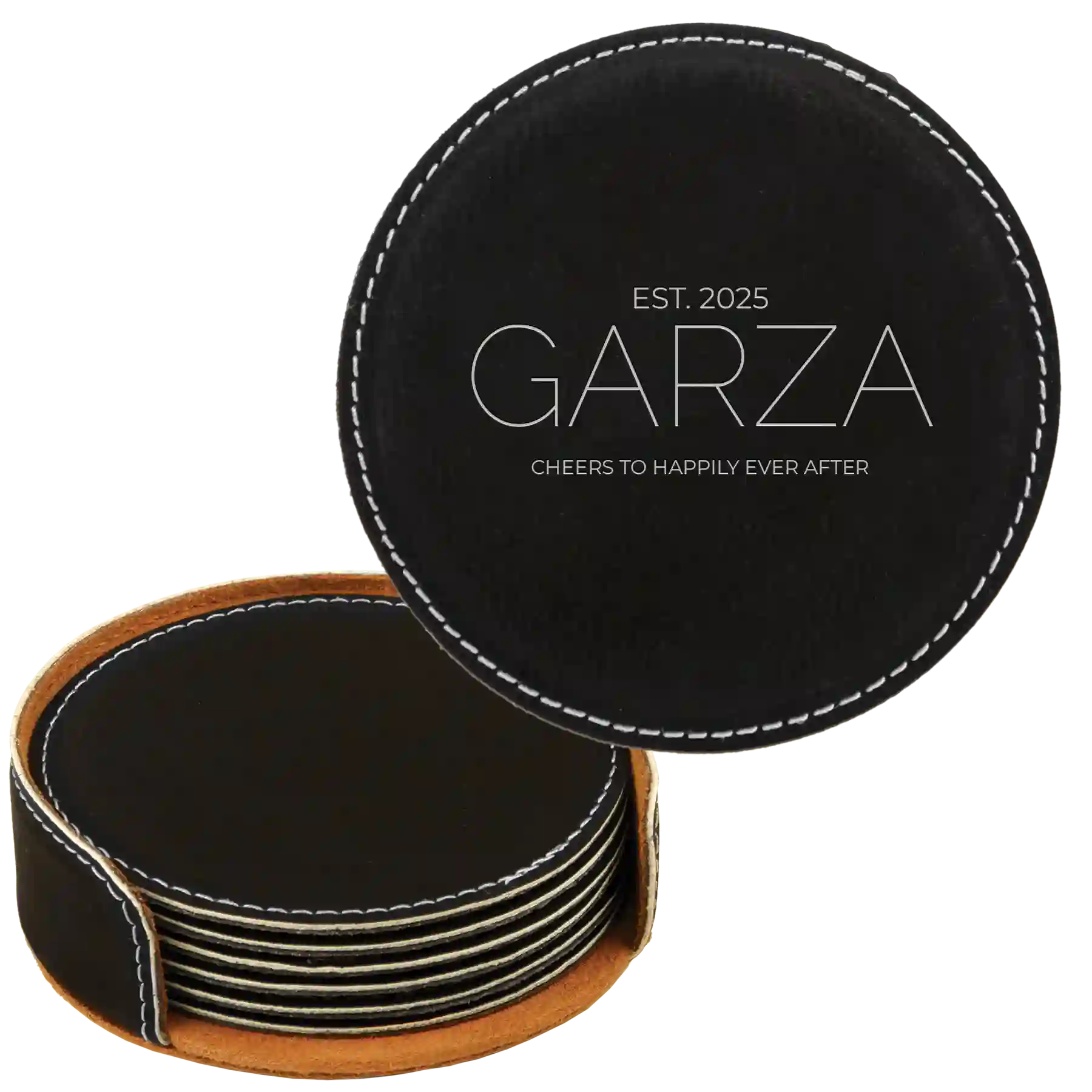 Black/Silver round leatherette coasters set and holder with personalized 'Cheers Last Name' design
