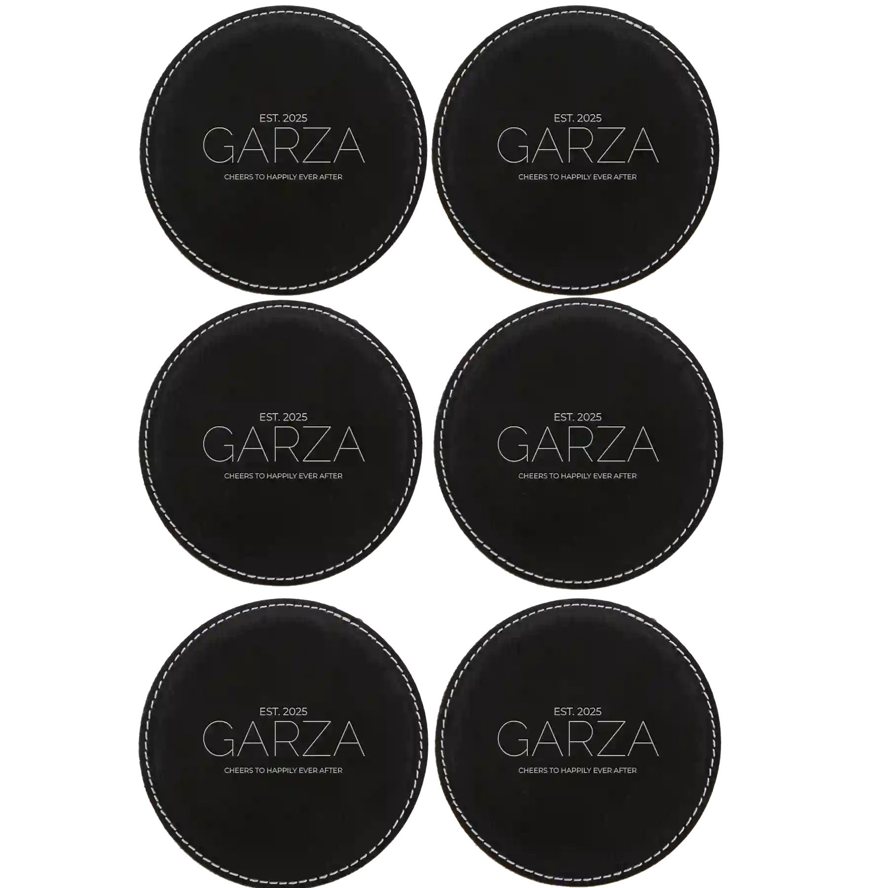 Black/Silver round leatherette coasters set of 6 with personalized 'Cheers Last Name' designs