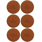 Rawhide round leatherette coasters set of 6 with personalized 'Cheers Last Name' designs