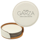 White round leatherette coasters set and holder with personalized 'Cheers Last Name' design