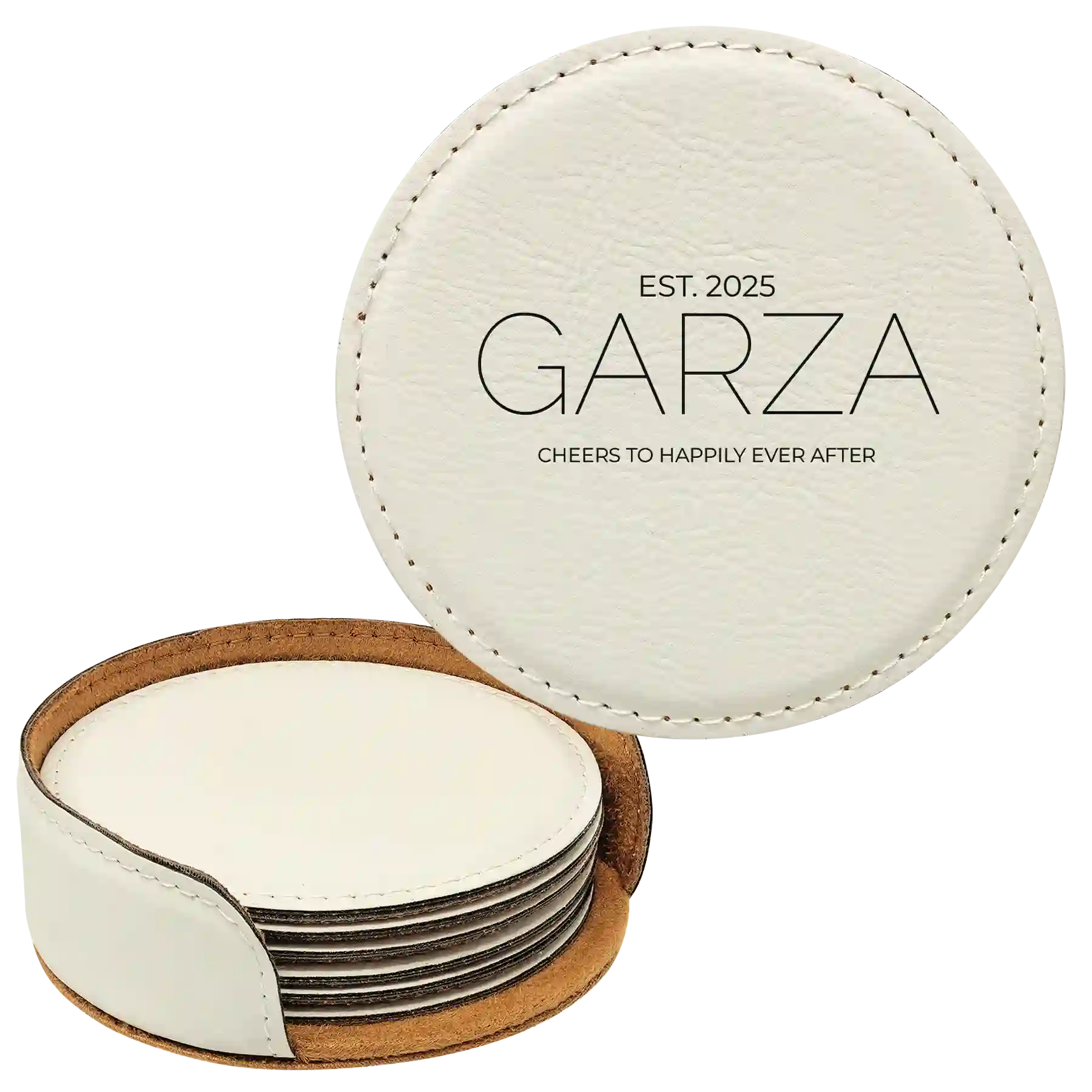 White round leatherette coasters set and holder with personalized 'Cheers Last Name' design