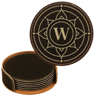 Black/Gold round leatherette coasters set and holder with personalized 'Sun Circle Initial' design