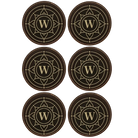 Black/Gold round leatherette coasters set of 6 with personalized 'Sun Circle Initial' designs