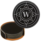 Black/Silver round leatherette coasters set and holder with personalized 'Sun Circle Initial' design