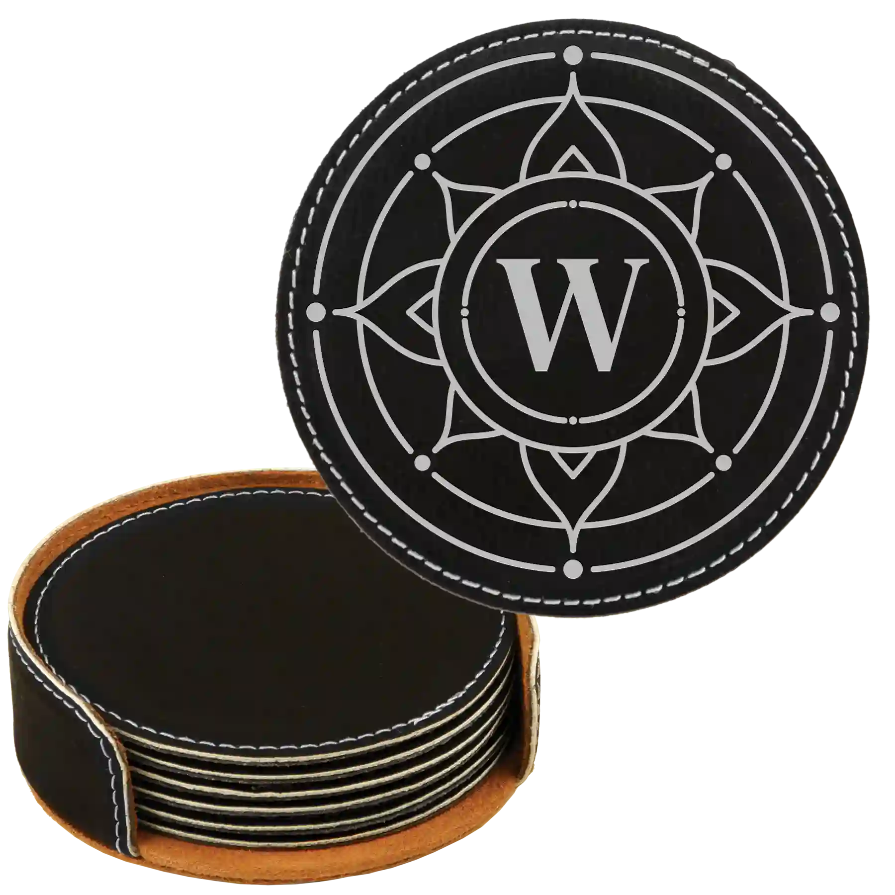 Black/Silver round leatherette coasters set and holder with personalized 'Sun Circle Initial' design