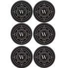 Black/Silver round leatherette coasters set of 6 with personalized 'Sun Circle Initial' designs
