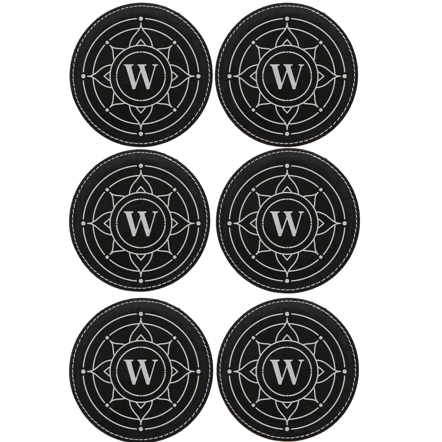 Black/Silver round leatherette coasters set of 6 with personalized 'Sun Circle Initial' designs