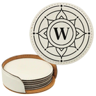 White round leatherette coasters set and holder with personalized 'Sun Circle Initial' design