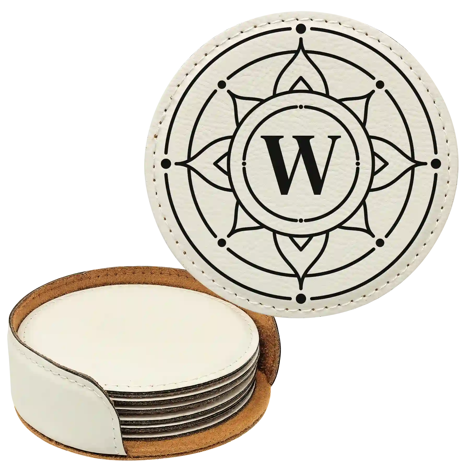 White round leatherette coasters set and holder with personalized 'Sun Circle Initial' design