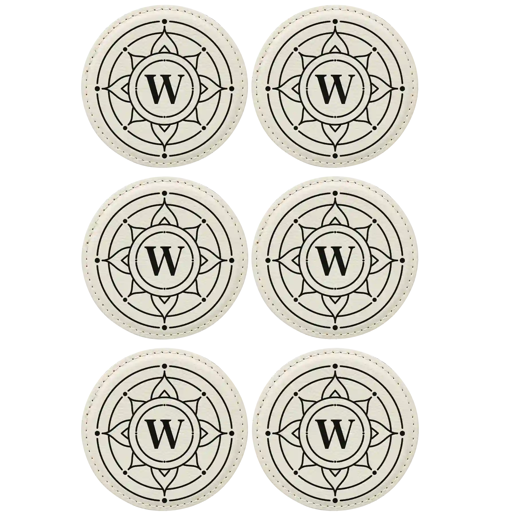 White round leatherette coasters set of 6 with personalized 'Sun Circle Initial' designs