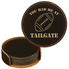 Black/Gold round leatherette coasters set and holder laser etched with 'Tailgate' design