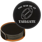 Black/Silver round leatherette coasters set and holder laser etched with 'Tailgate' design