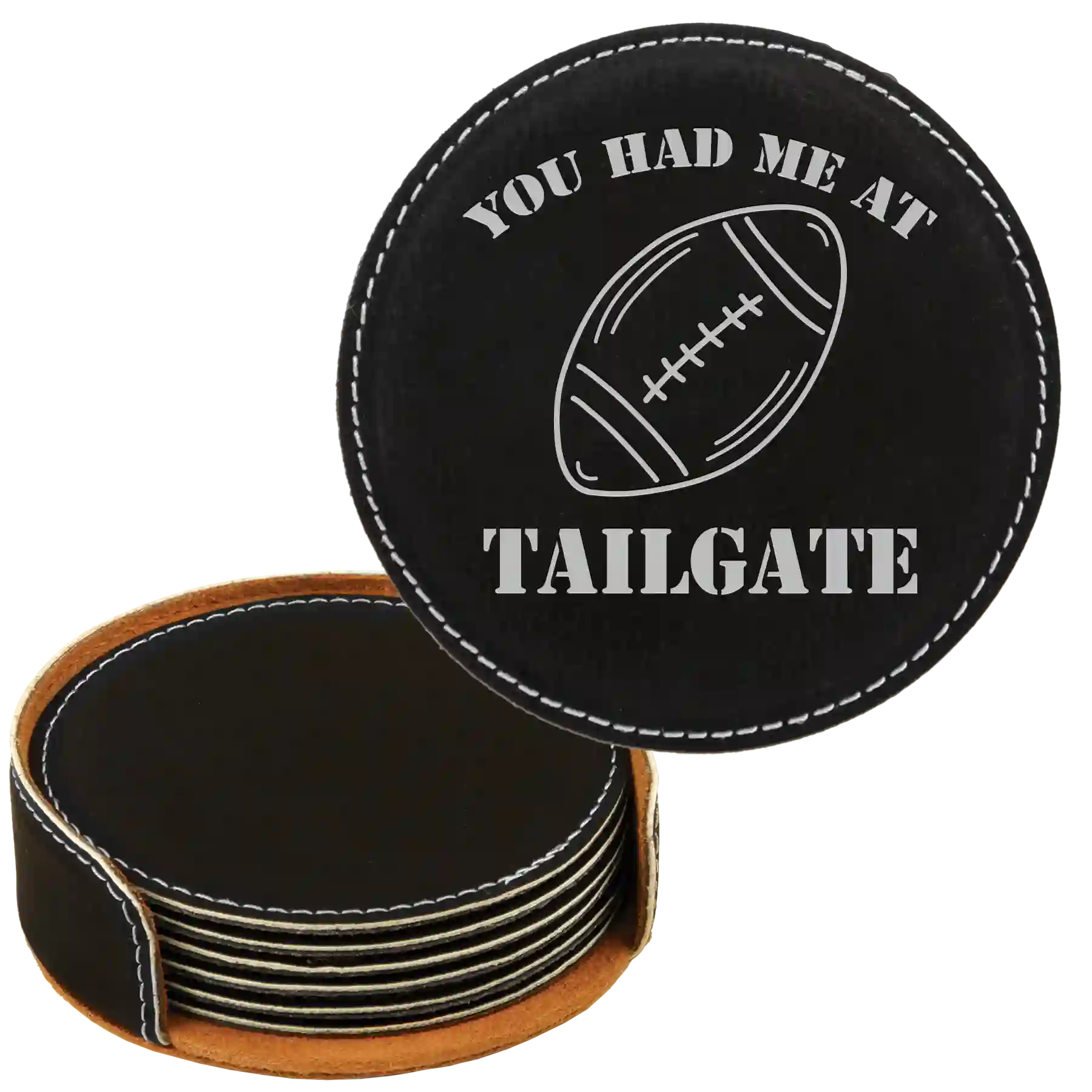 Black/Silver round leatherette coasters set and holder laser etched with 'Tailgate' design