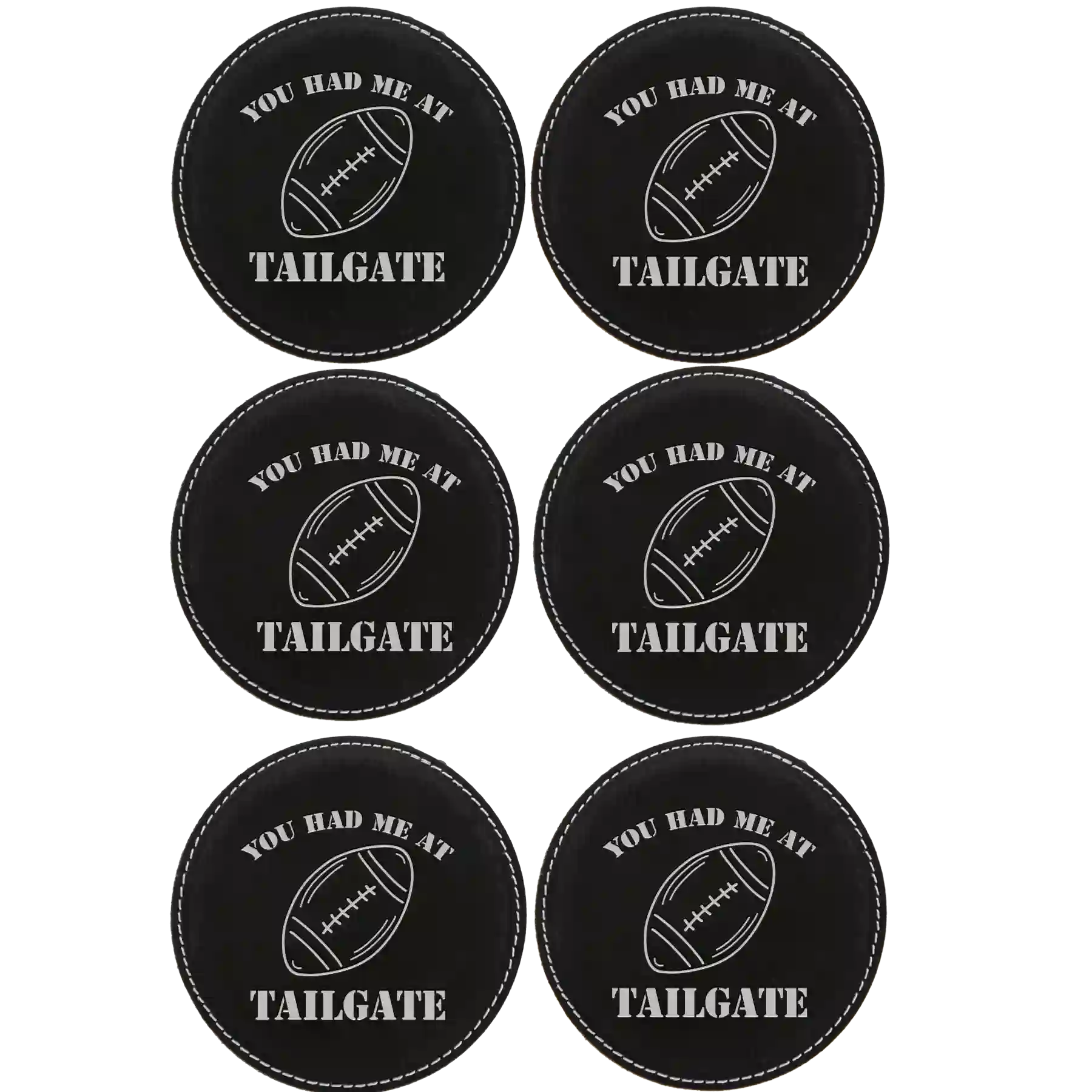 Black/Silver round leatherette coasters set of 6 laser etched with 'Tailgate' designs